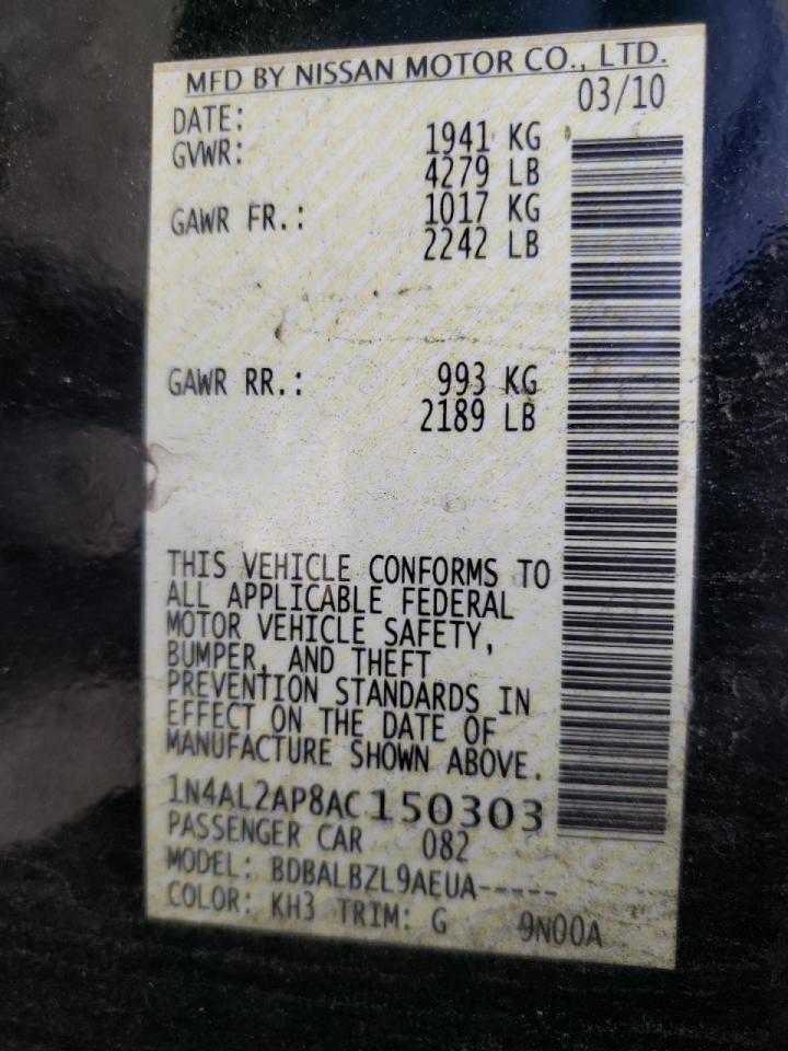 Photo 10 from auction – 2010 NISSAN ALTIMA BAS with VIN 1N4AL2AP8AC150303