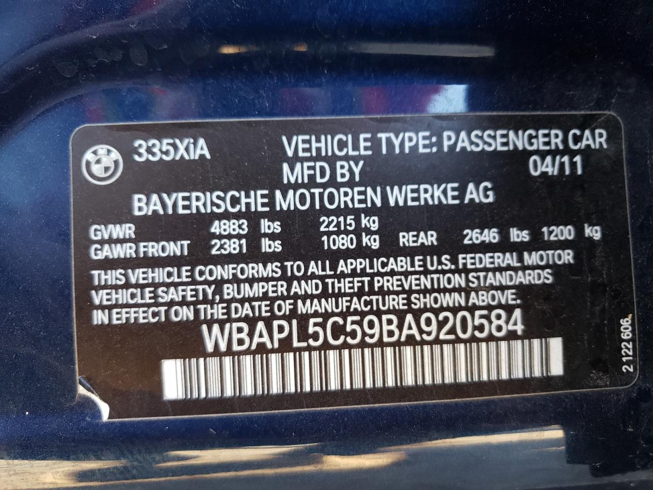 Photo 10 from auction – 2011 BMW 335 XI with VIN WBAPL5C59BA920584