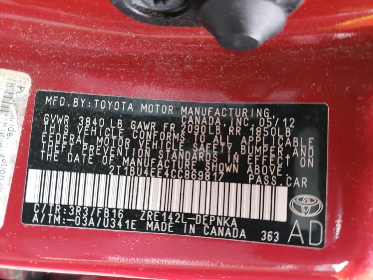 Photo 10 from auction – 2012 TOYOTA COROLLA BA with VIN 2T1BU4EE4CC869817