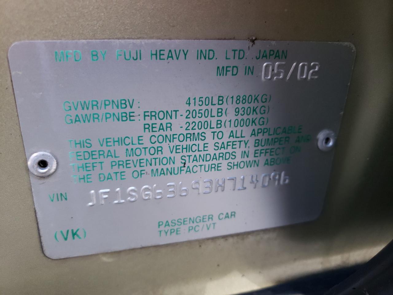 Photo 10 from auction – 2003 SUBARU FORESTER 2 with VIN JF1SG63693H714096