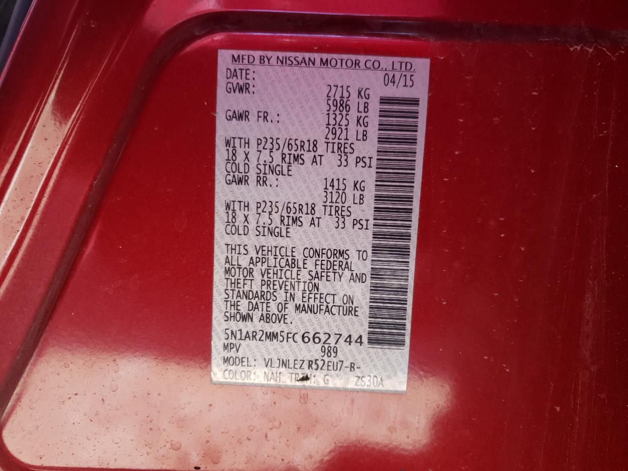 Photo 10 from auction – 2015 NISSAN PATHFINDER with VIN 5N1AR2MM5FC662744