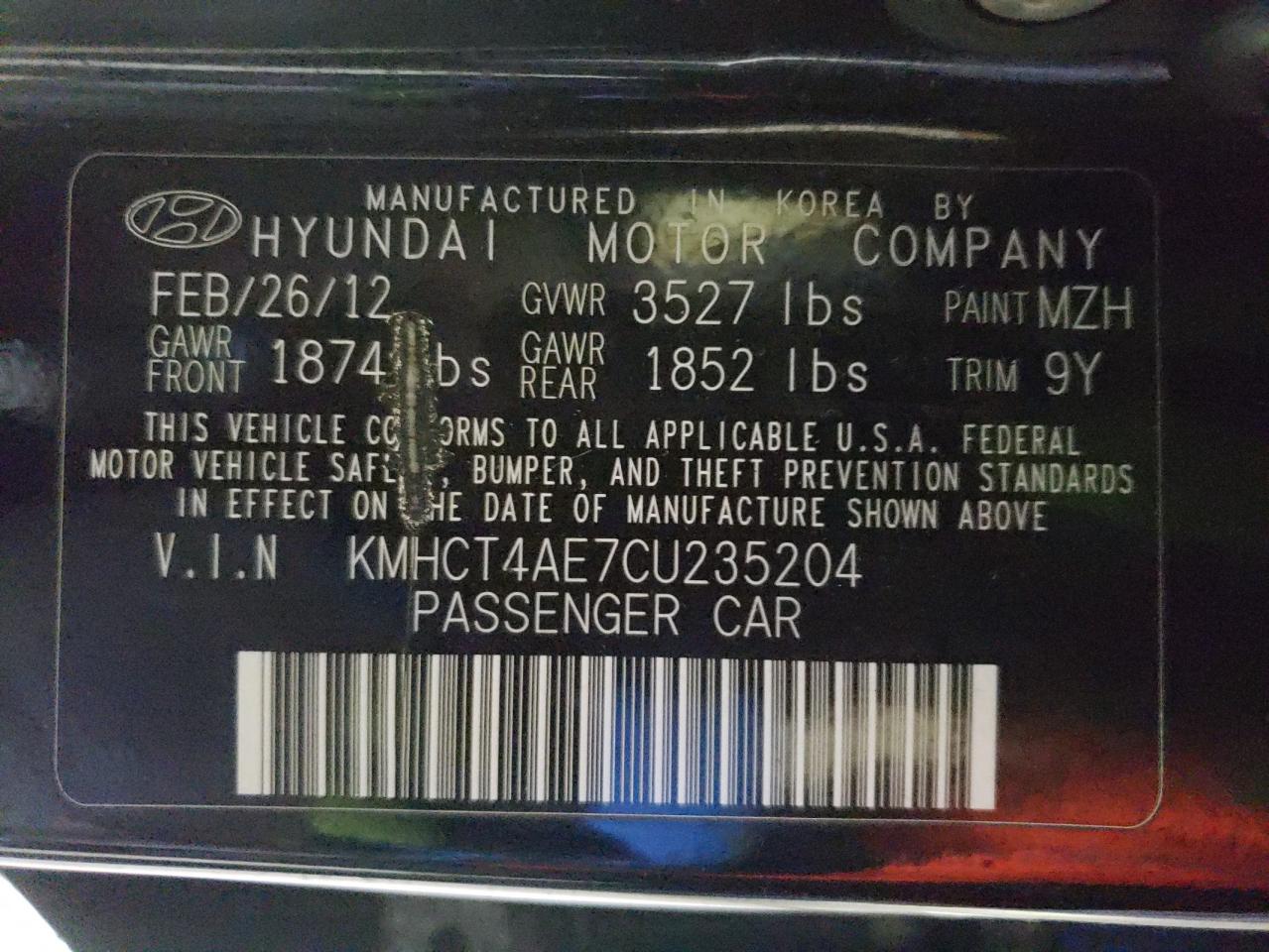 Photo 10 from auction – 2012 HYUNDAI ACCENT GLS with VIN KMHCT4AE7CU235204