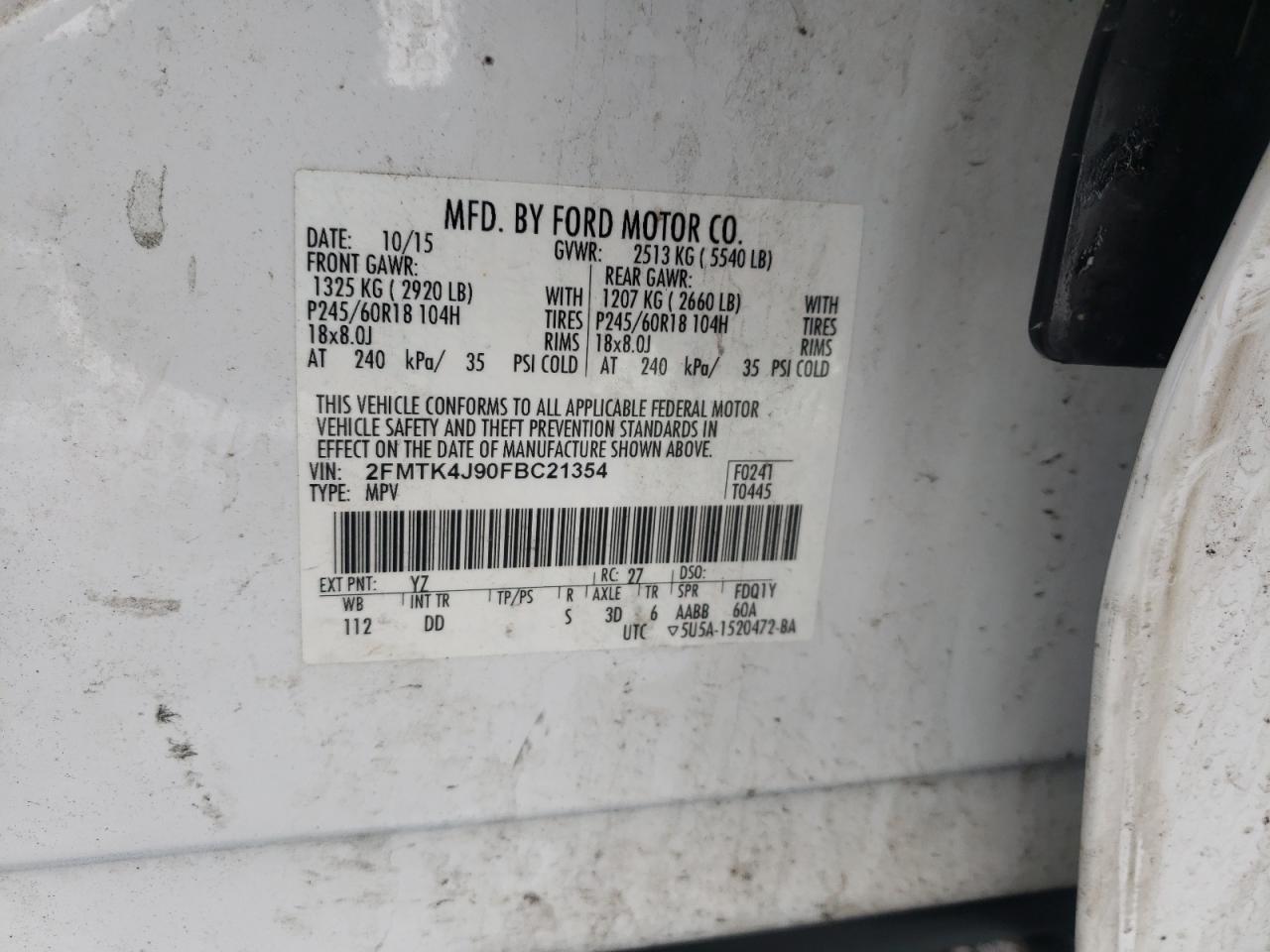 Photo 10 from auction – 2015 FORD EDGE SEL with VIN 2FMTK4J90FBC21354