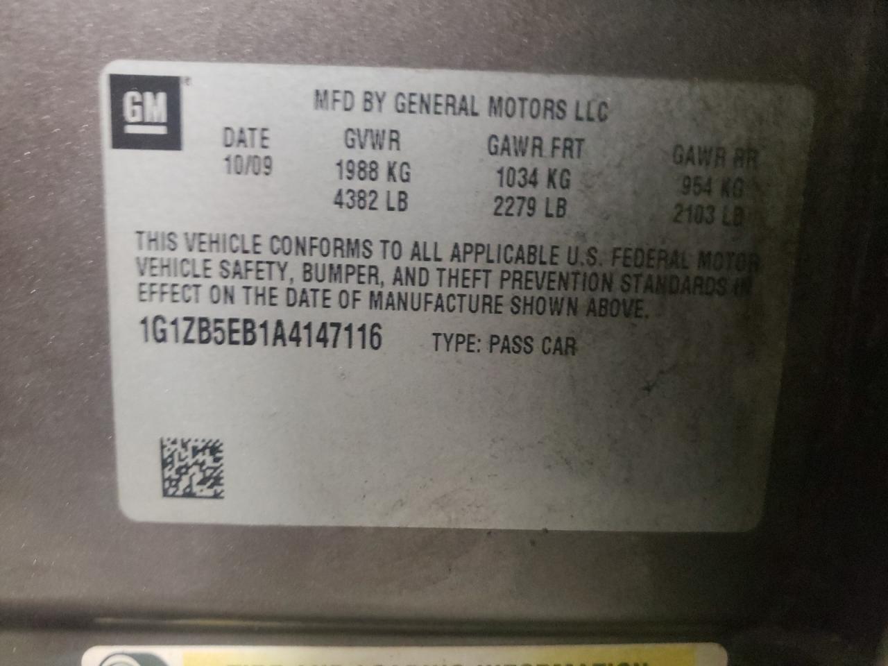 Photo 10 from auction – 2010 CHEVROLET MALIBU LS with VIN 1G1ZB5EB1A4147116