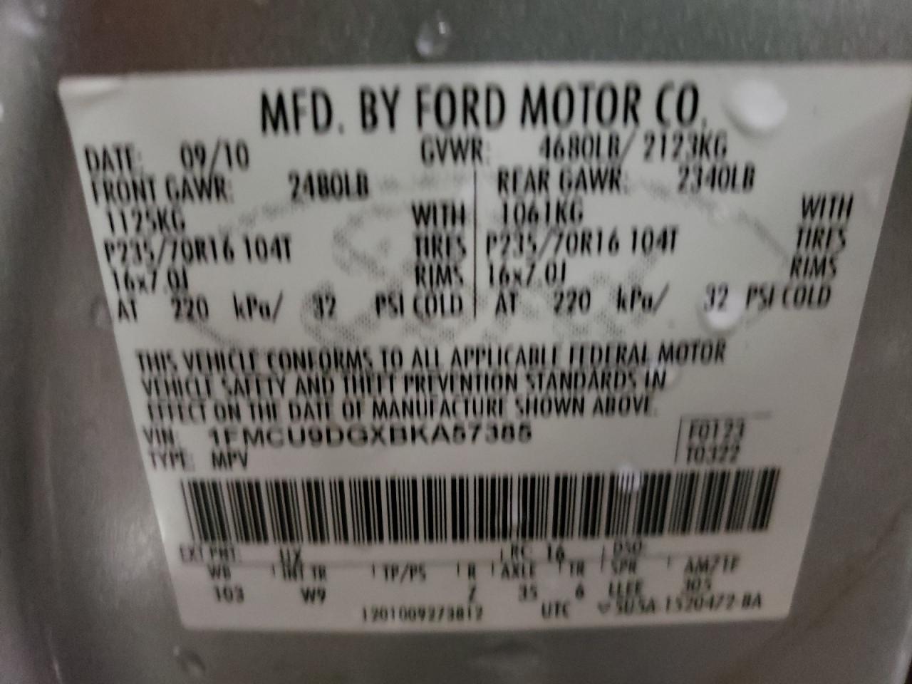 Photo 10 from auction – 2011 FORD ESCAPE XLT with VIN 1FMCU9DGXBKA57385