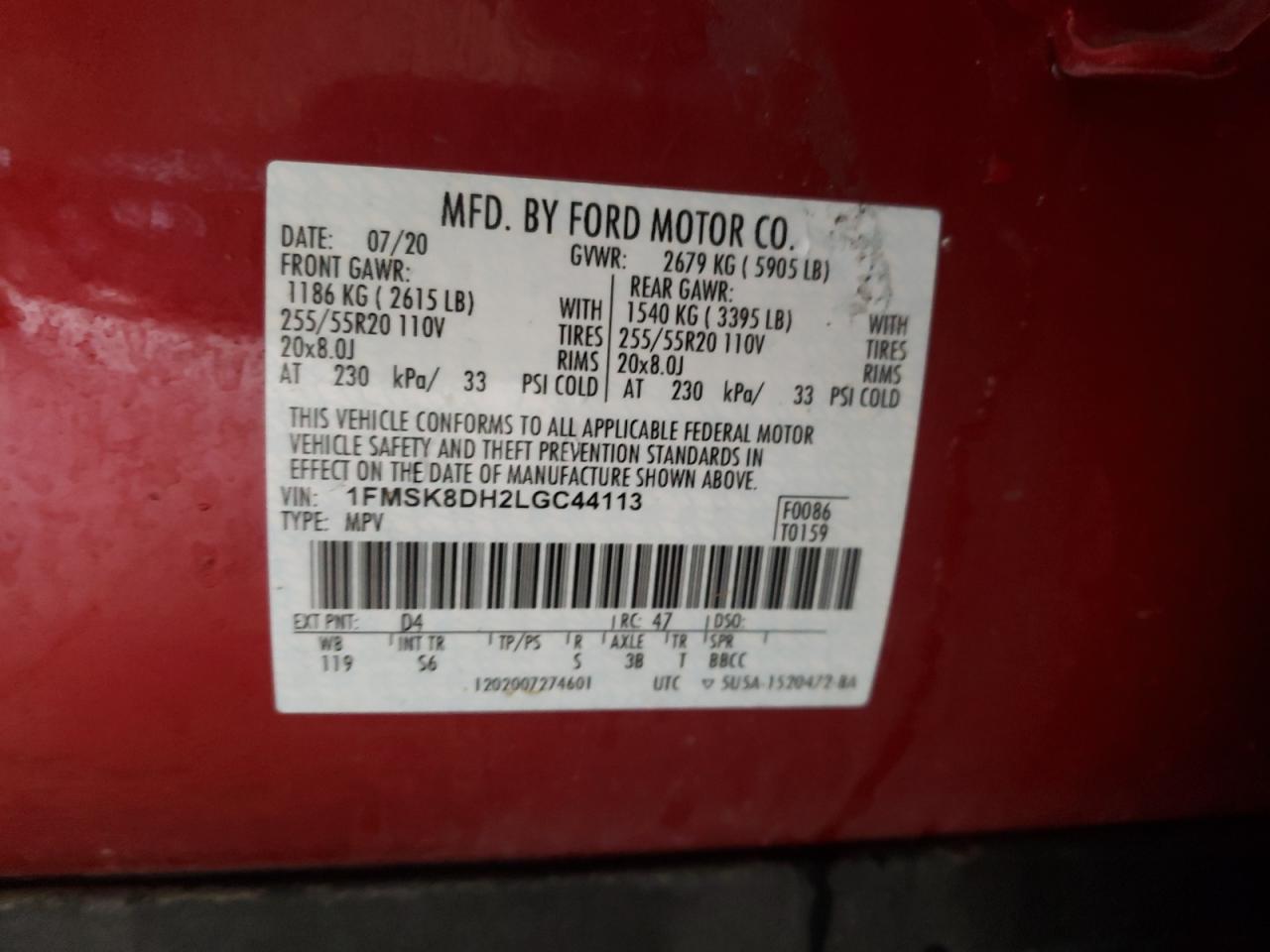Photo 10 from auction – 2020 FORD EXPLORER X with VIN 1FMSK8DH2LGC44113