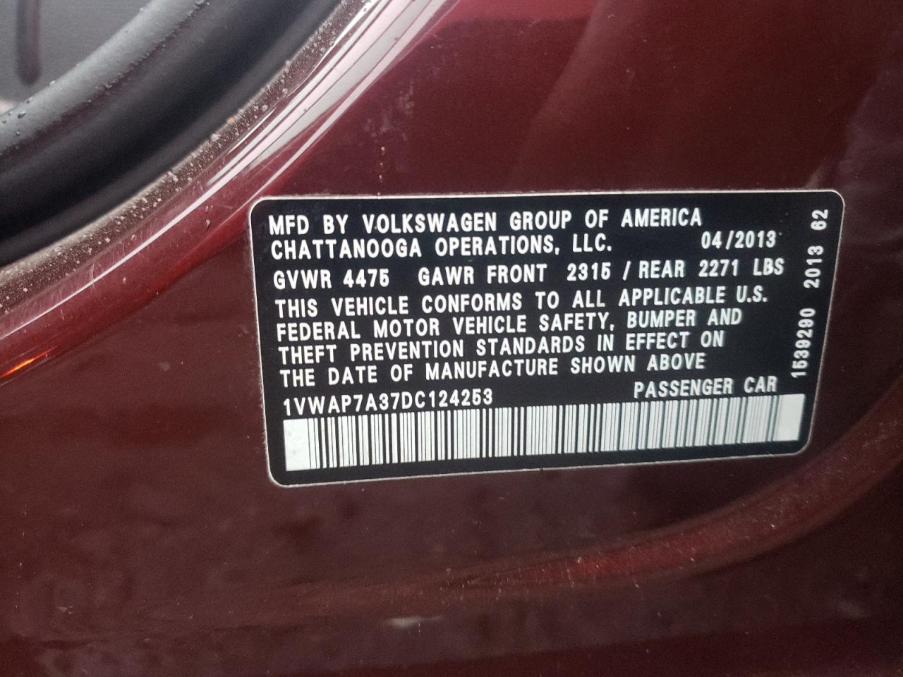 Photo 10 from auction – 2013 VOLKSWAGEN PASSAT S with VIN 1VWAP7A37DC124253