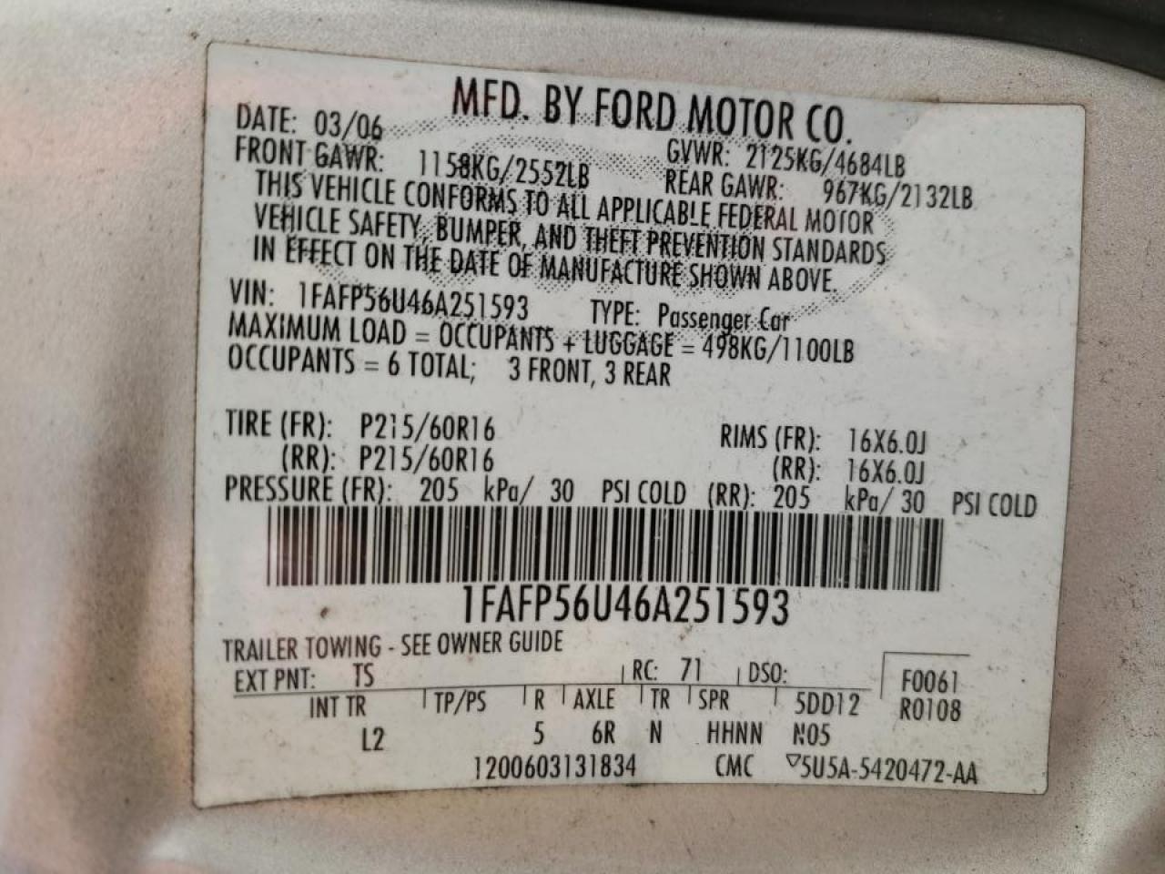 Photo 10 from auction – 2006 FORD TAURUS SEL with VIN 1FAFP56U46A251593