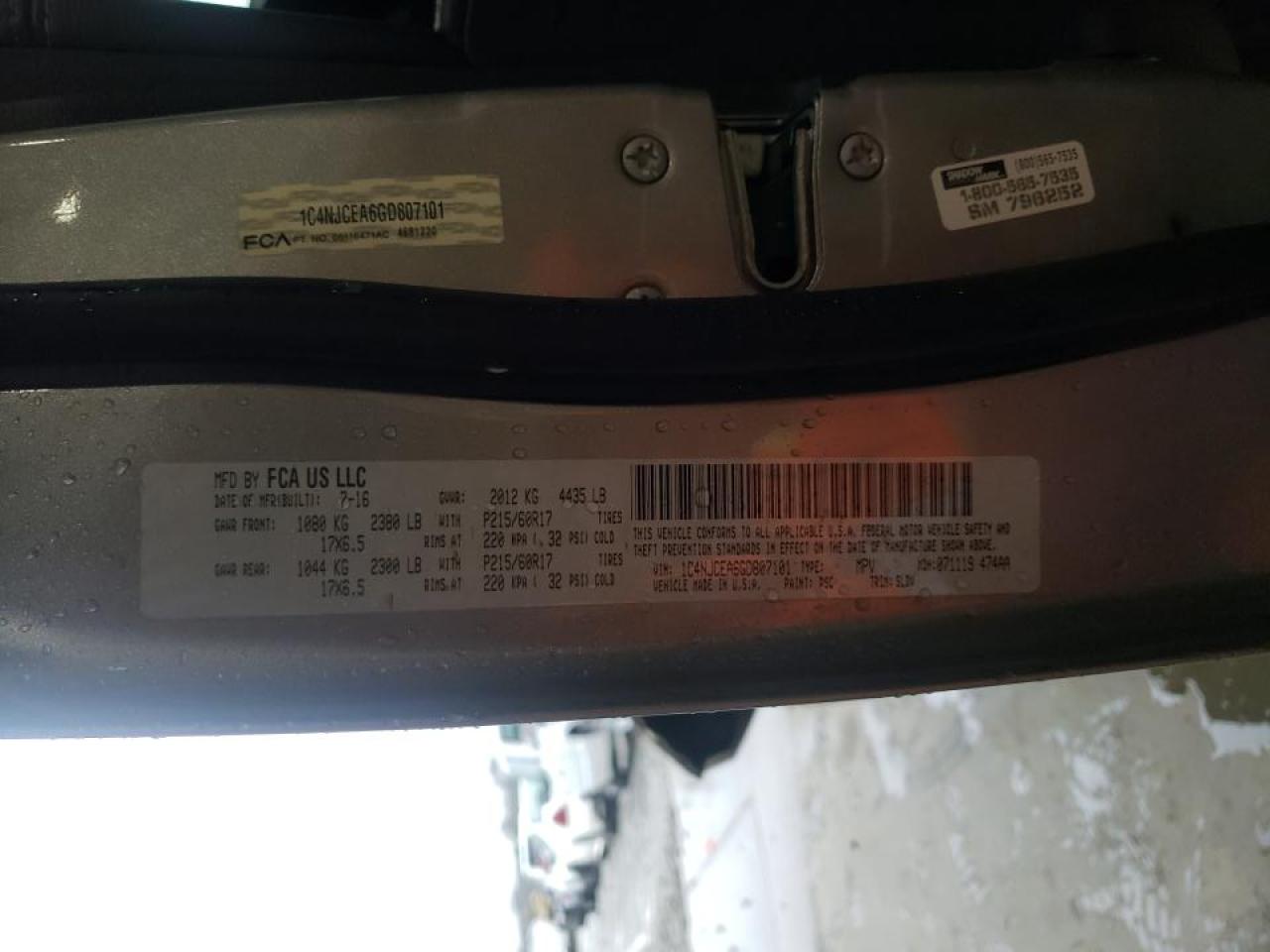 Photo 10 from auction – 2016 JEEP COMPASS LA with VIN 1C4NJCEA6GD807101