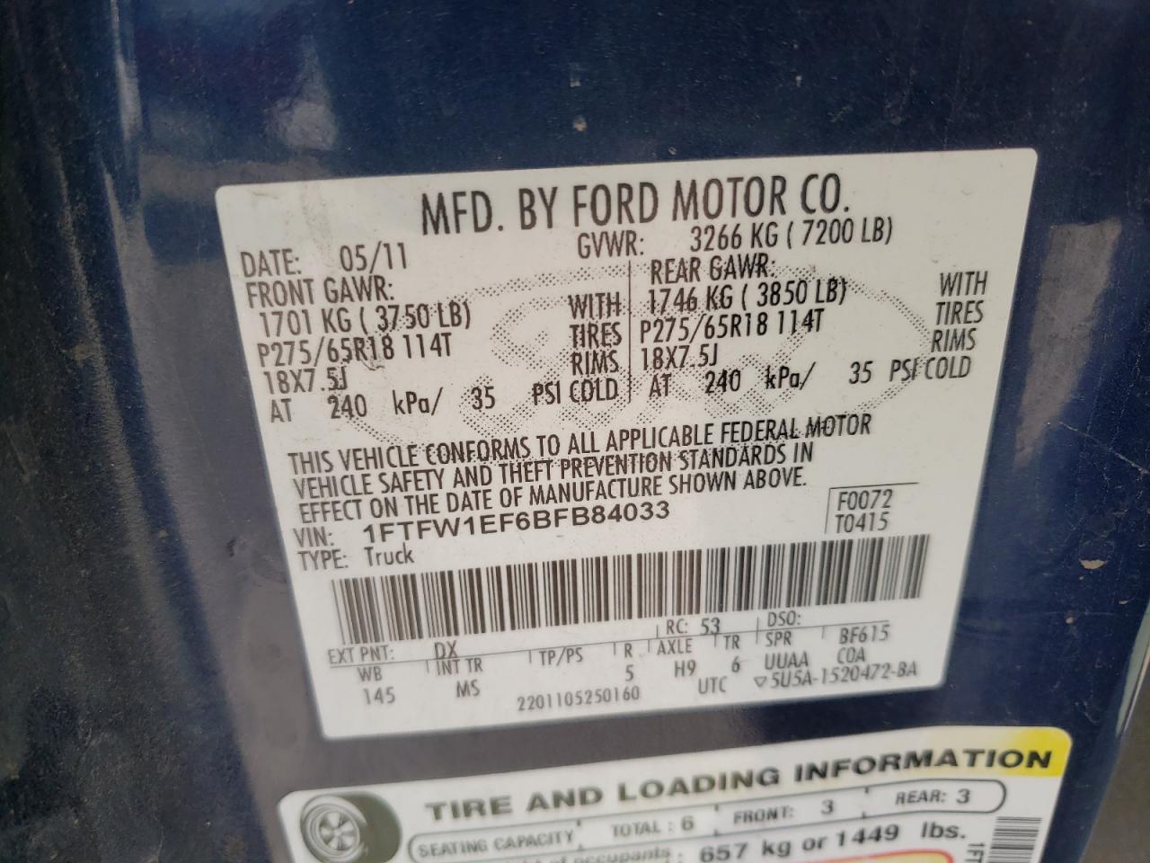 Photo 10 from auction – 2011 FORD F150 SUPER with VIN 1FTFW1EF6BFB84033
