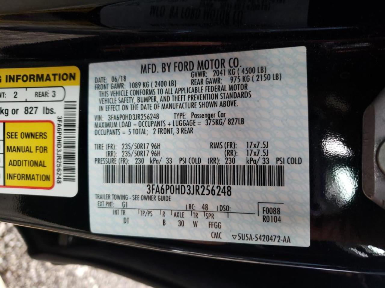 Photo 10 from auction – 2018 FORD FUSION SE with VIN 3FA6P0HD3JR256248