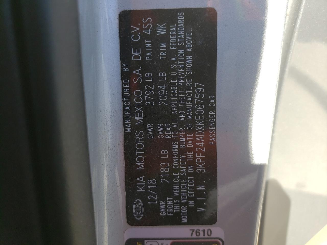 Photo 10 from auction – 2019 KIA FORTE FE with VIN 3KPF24ADXKE067597