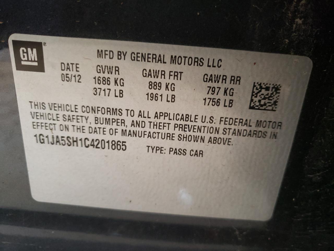 Photo 10 from auction – 2012 CHEVROLET SONIC LS with VIN 1G1JA5SH1C4201865
