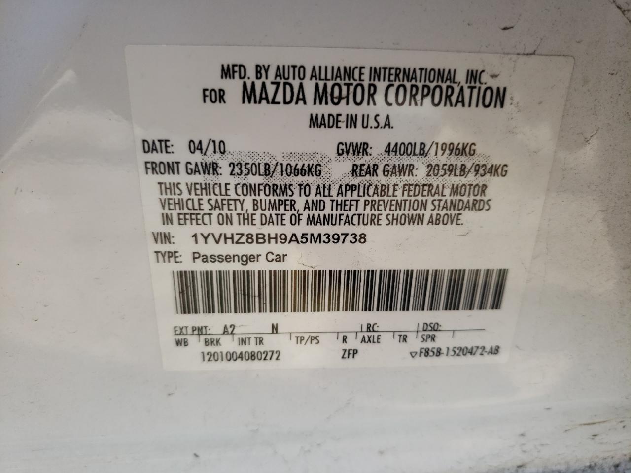Photo 10 from auction – 2010 MAZDA 6 I with VIN 1YVHZ8BH9A5M39738