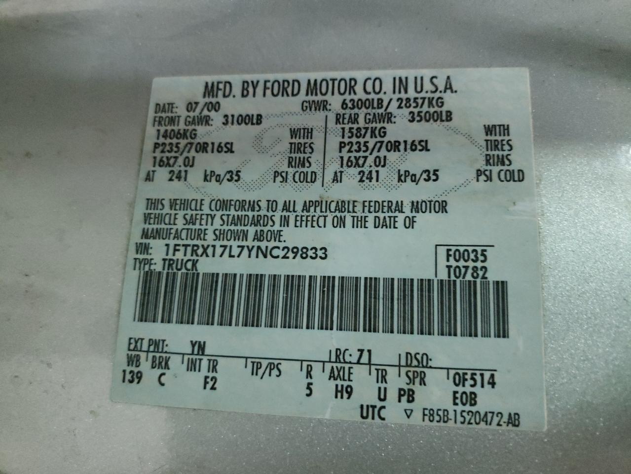 Photo 10 from auction – 2000 FORD F150 with VIN 1FTRX17L7YNC29833