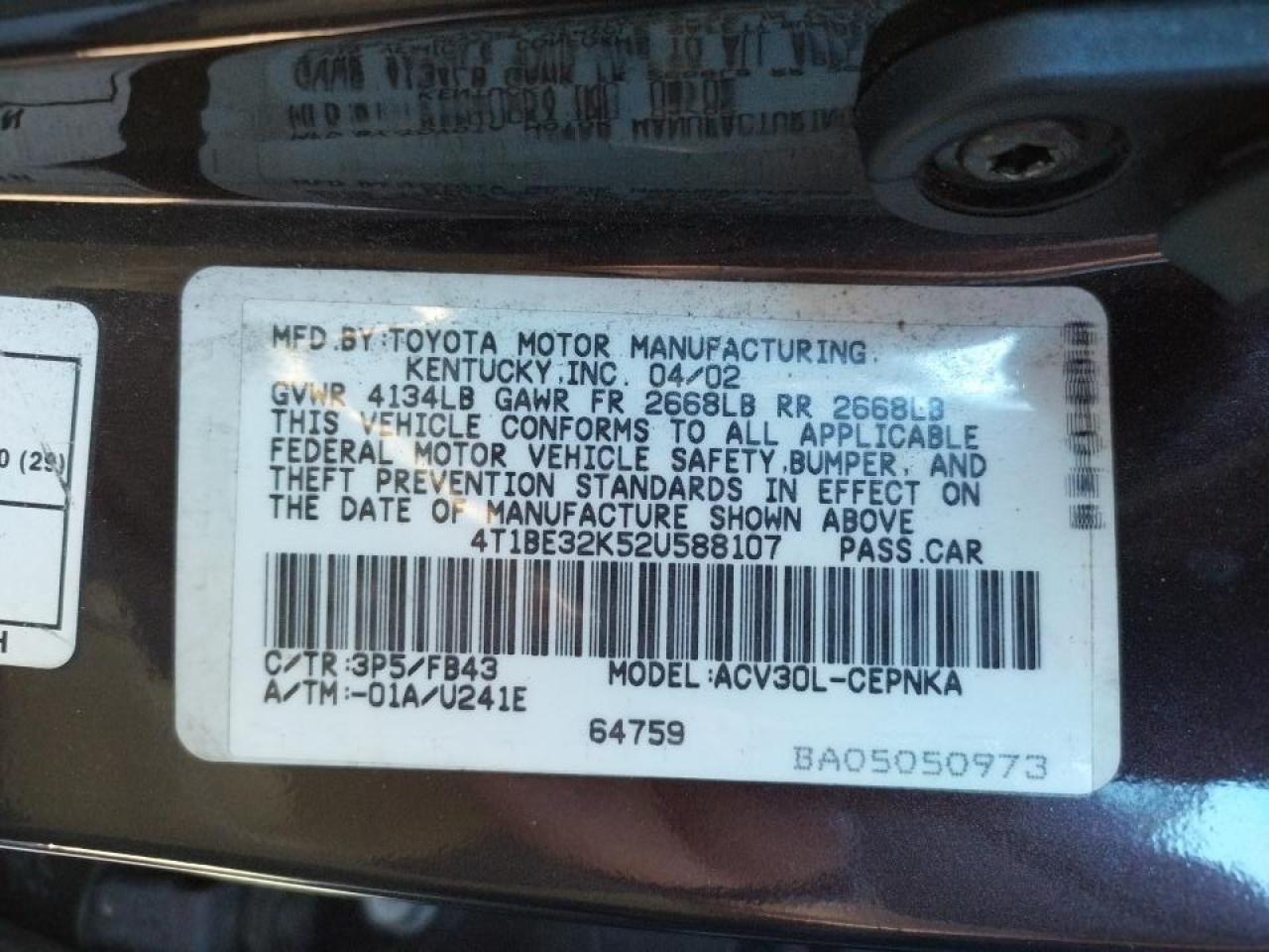 Photo 10 from auction – 2002 TOYOTA CAMRY LE with VIN 4T1BE32K52U588107