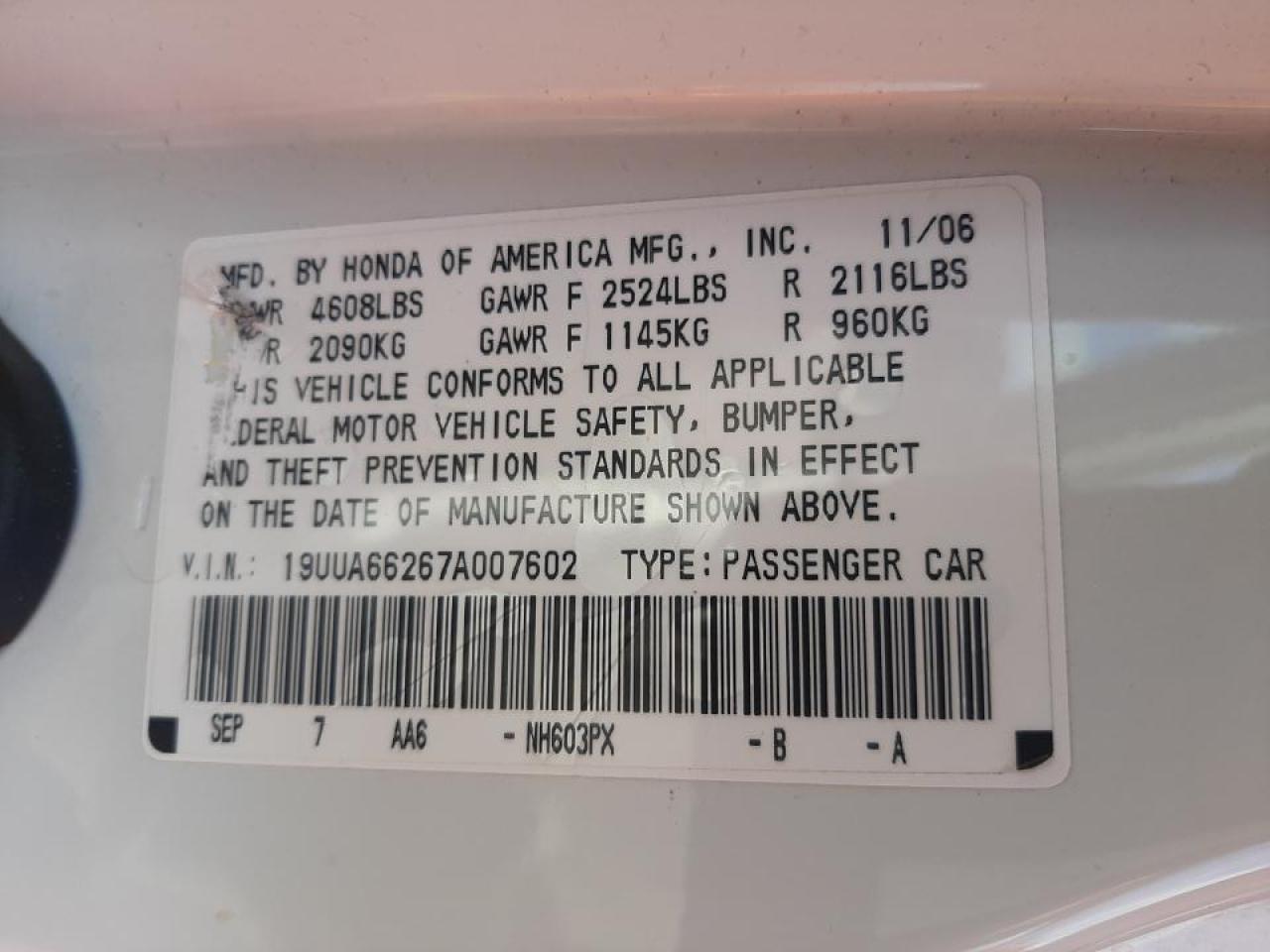 Photo 10 from auction – 2007 ACURA TL with VIN 19UUA66267A007602