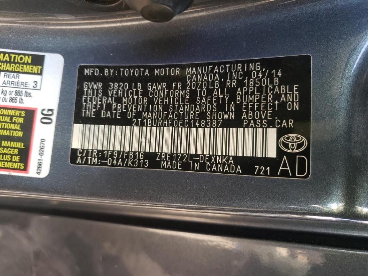 Photo 10 from auction – 2014 TOYOTA COROLLA L with VIN 2T1BURHE0EC148387