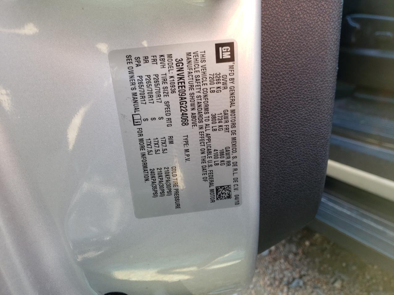 Photo 10 from auction – 2010 CHEVROLET AVALANCHE with VIN 3GNVKEE09AG224068