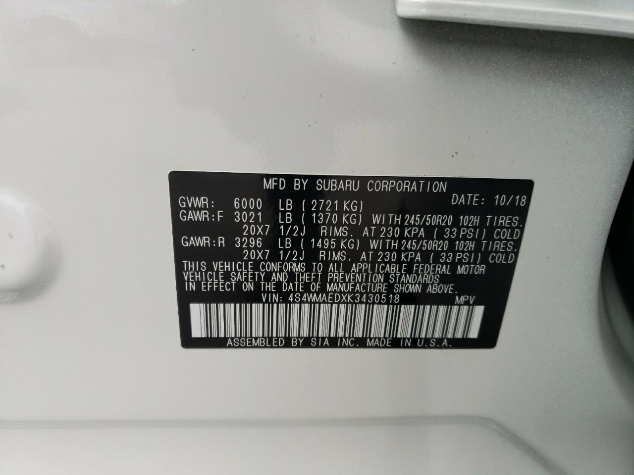 Photo 10 from auction – 2019 SUBARU ASCENT PRE with VIN 4S4WMAEDXK3430518