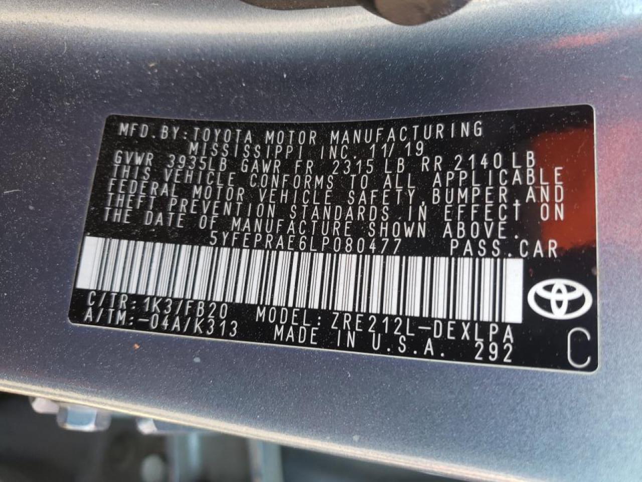 Photo 10 from auction – 2020 TOYOTA COROLLA LE with VIN 5YFEPRAE6LP080477