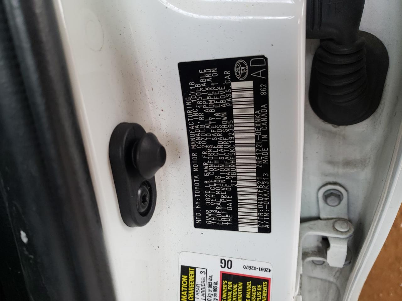 Photo 10 from auction – 2019 TOYOTA COROLLA L with VIN 2T1BURHE5KC192395