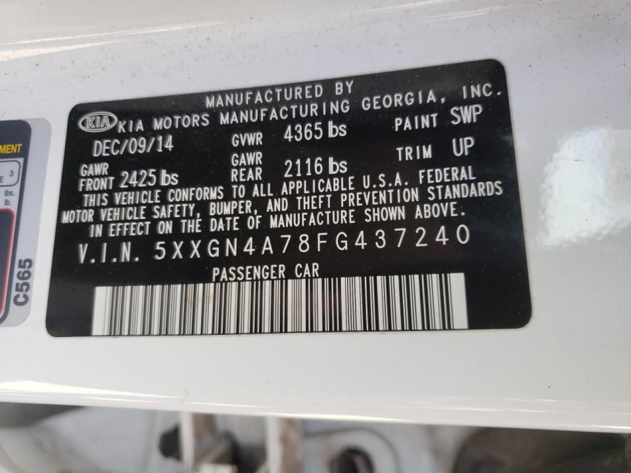 Photo 10 from auction – 2015 KIA OPTIMA EX with VIN 5XXGN4A78FG437240