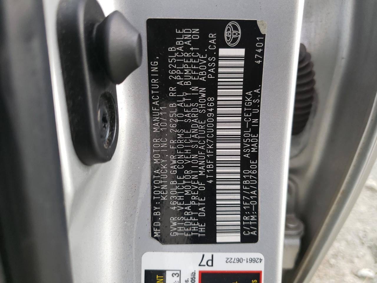 Photo 10 from auction – 2012 TOYOTA CAMRY BASE with VIN 4T1BF1FK7CU009468