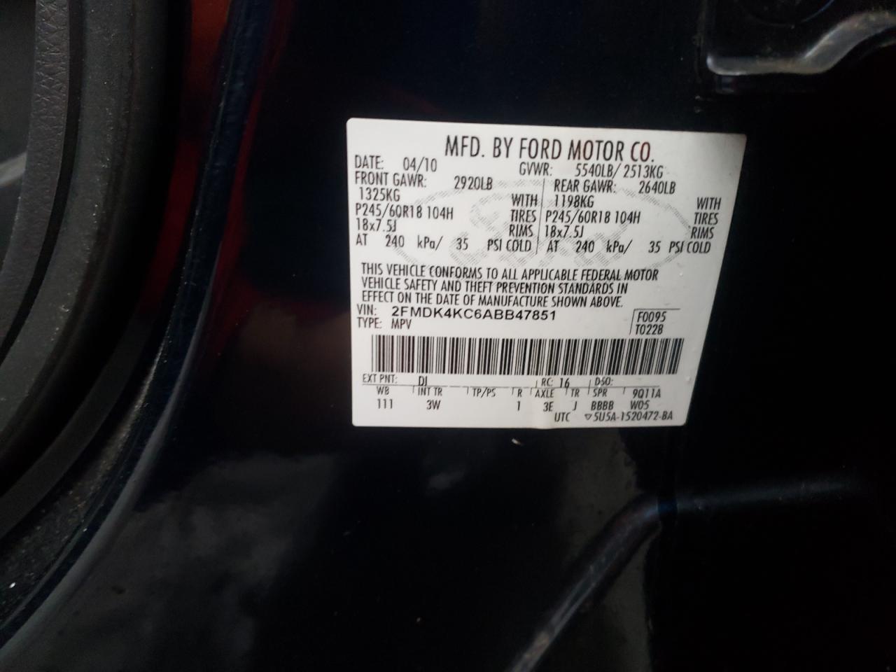 Photo 10 from auction – 2010 FORD EDGE LIMIT with VIN 2FMDK4KC6ABB47851
