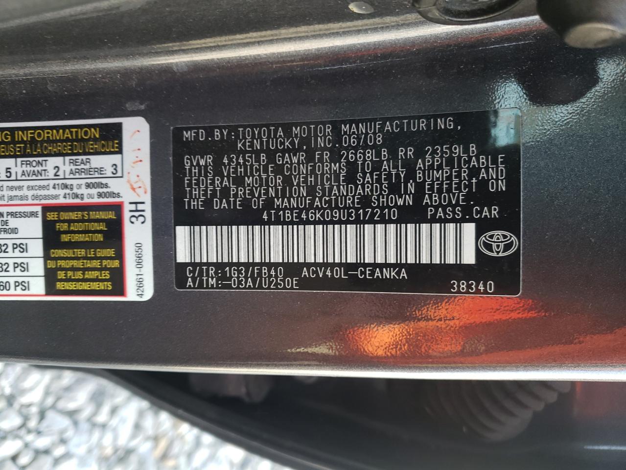 Photo 10 from auction – 2009 TOYOTA CAMRY BASE with VIN 4T1BE46K09U317210