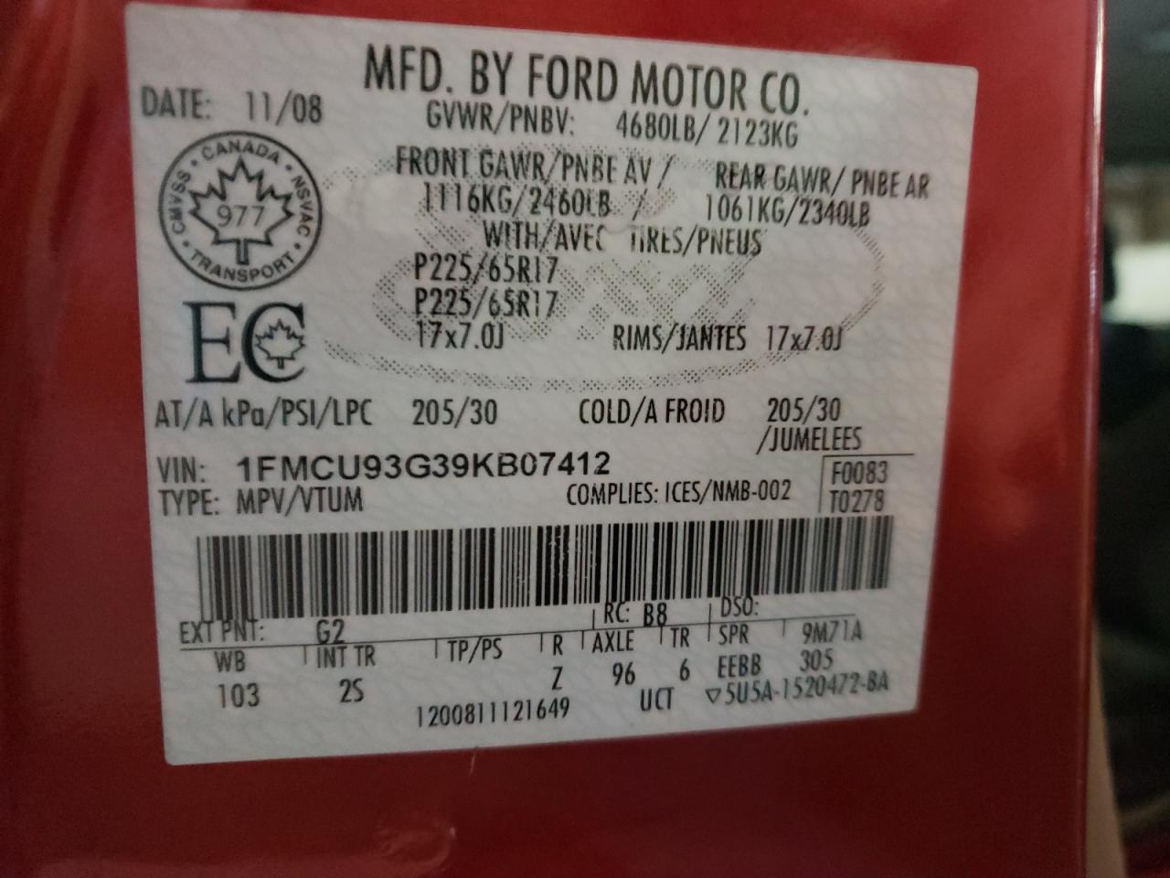 Photo 10 from auction – 2009 FORD ESCAPE XLT with VIN 1FMCU93G39KB07412