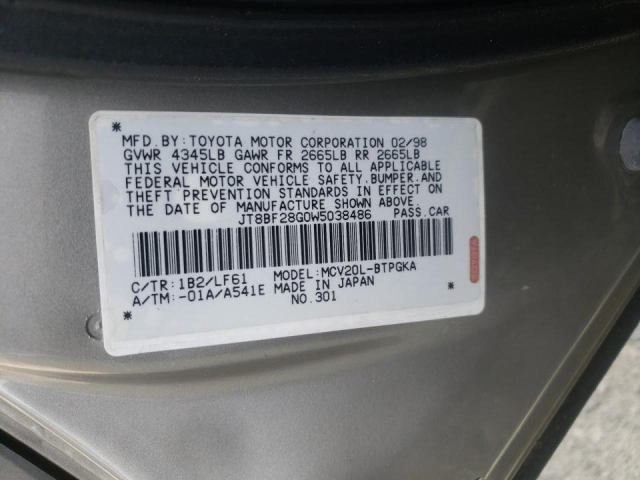 Photo 10 from auction – 1998 LEXUS ES 300 with VIN JT8BF28G0W5038486