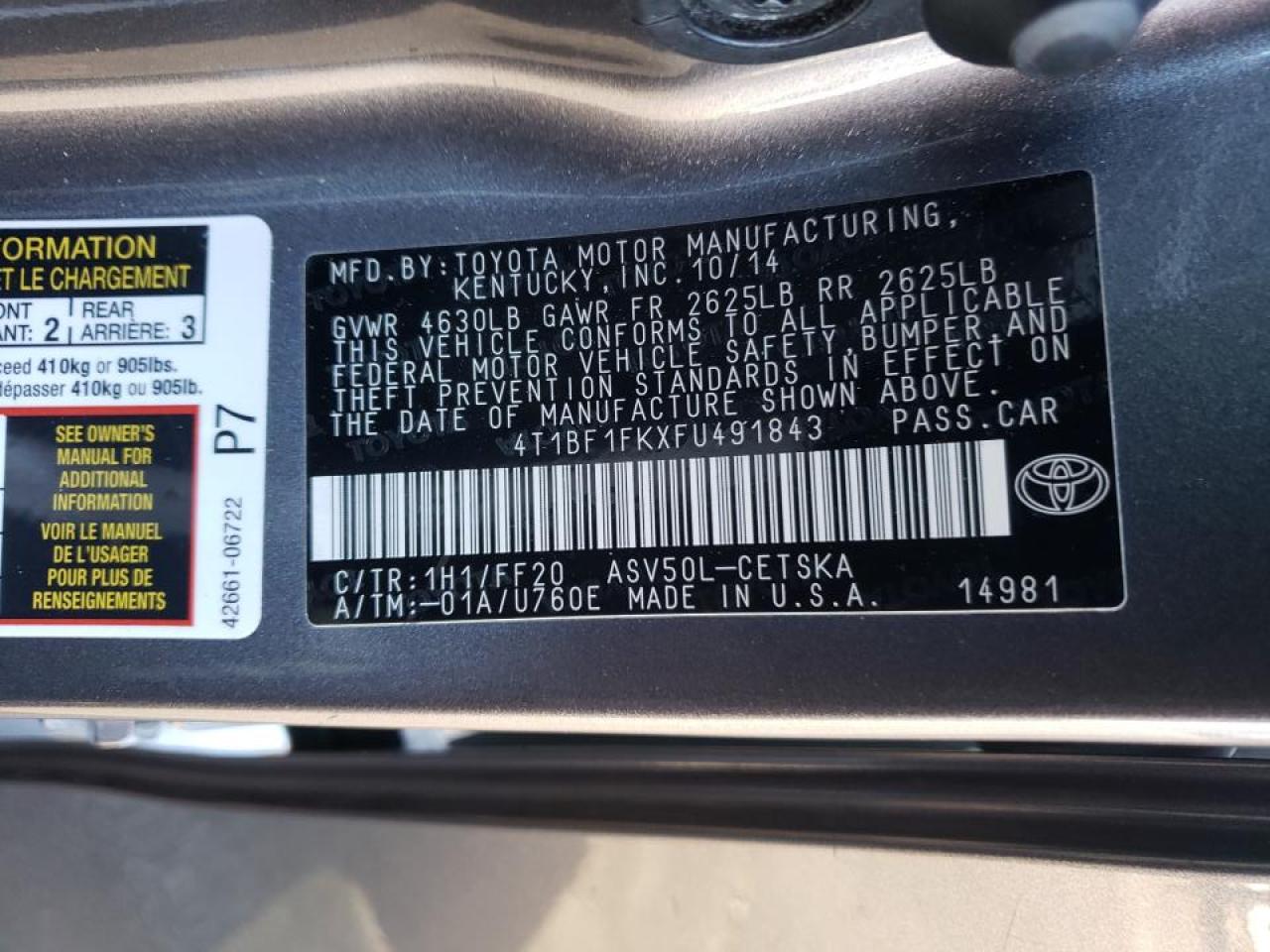 Photo 10 from auction – 2015 TOYOTA CAMRY LE with VIN 4T1BF1FKXFU491843