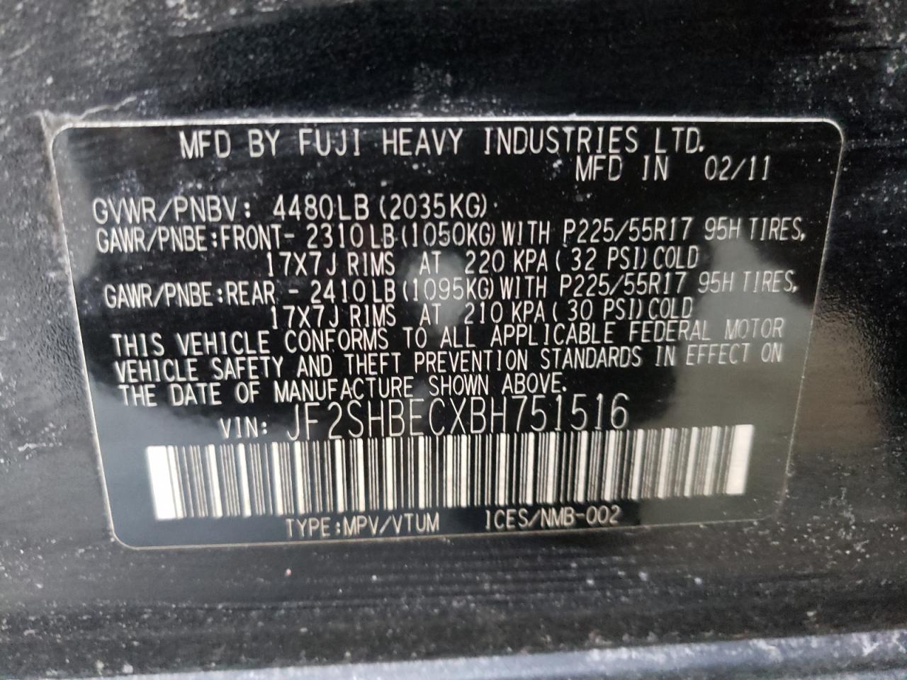Photo 10 from auction – 2011 SUBARU FORESTER L with VIN JF2SHBECXBH751516