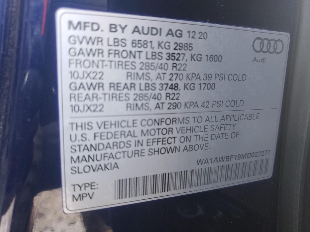 Photo 10 from auction – 2021 AUDI SQ8 PREMIU with VIN WA1AWBF19MD022277