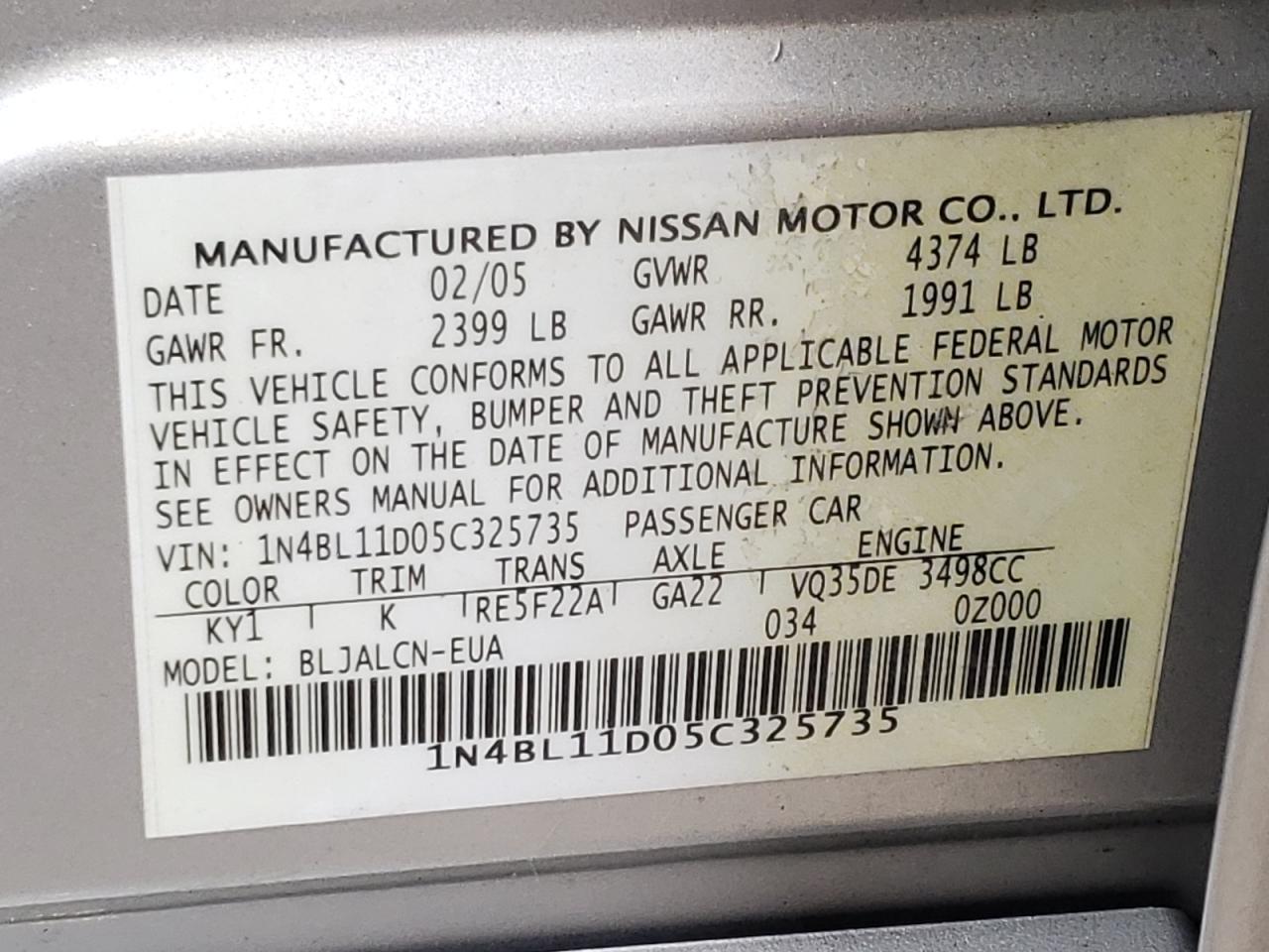 Photo 10 from auction – 2005 NISSAN ALTIMA SE with VIN 1N4BL11D05C325735