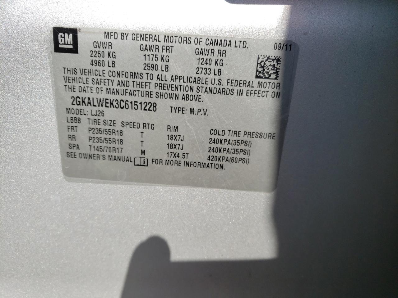 Photo 10 from auction – 2012 GMC TERRAIN SL with VIN 2GKALWEK3C6151228