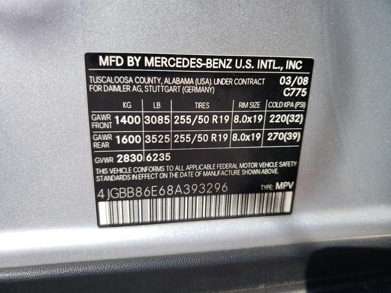 Photo 10 from auction – 2008 MERCEDES-BENZ ML 350 with VIN 4JGBB86E68A393296