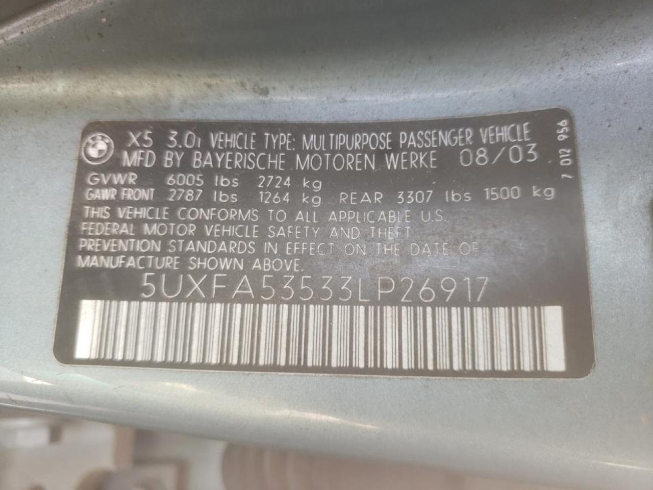 Photo 10 from auction – 2003 BMW X5 3.0I with VIN 5UXFA53533LP26917
