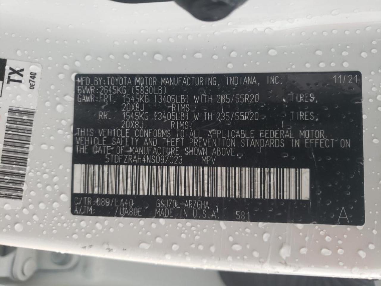 Photo 10 from auction – 2022 TOYOTA HIGHLANDER with VIN 5TDFZRAH4NS097023