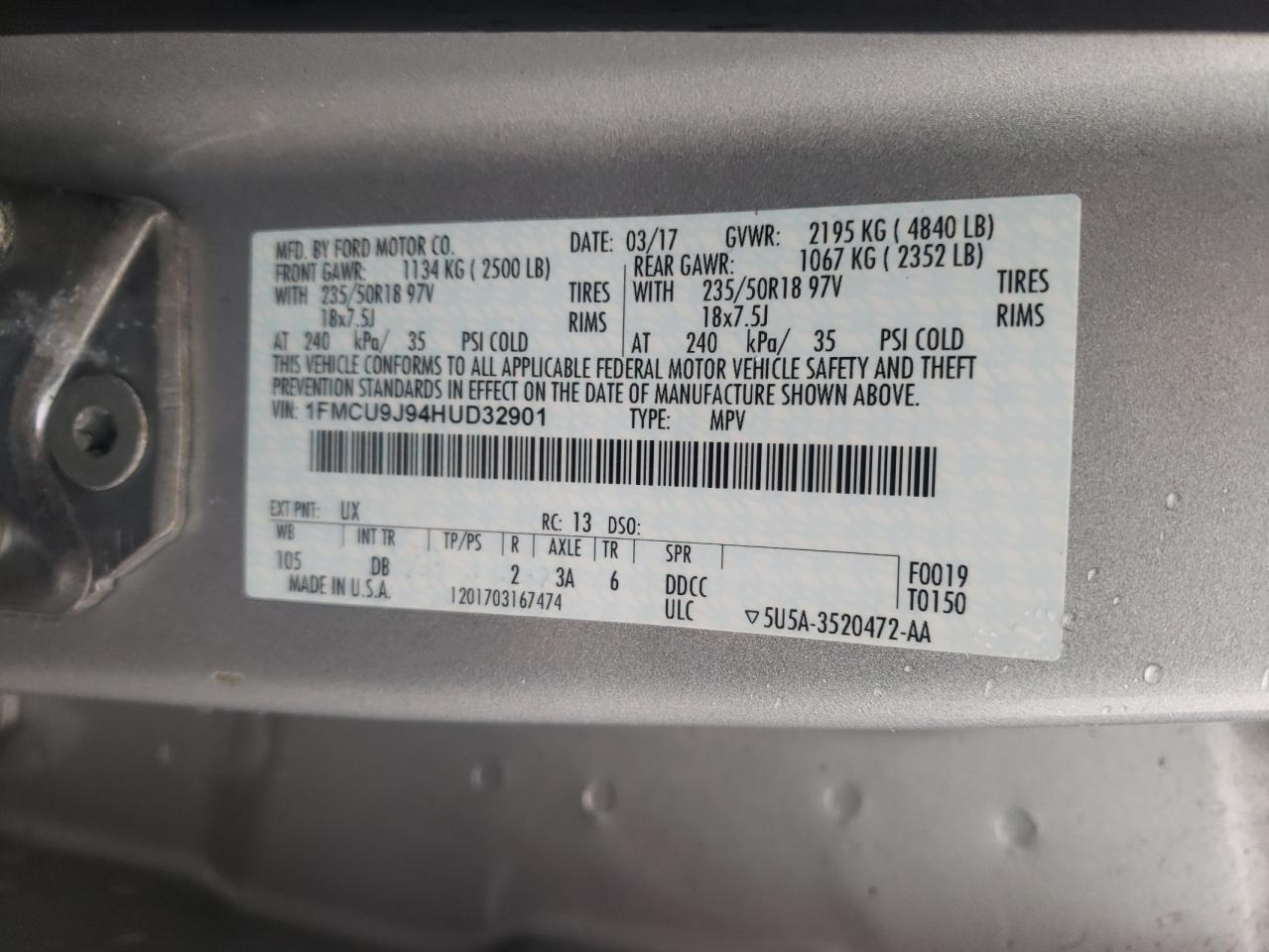 Photo 10 from auction – 2017 FORD ESCAPE TIT with VIN 1FMCU9J94HUD32901