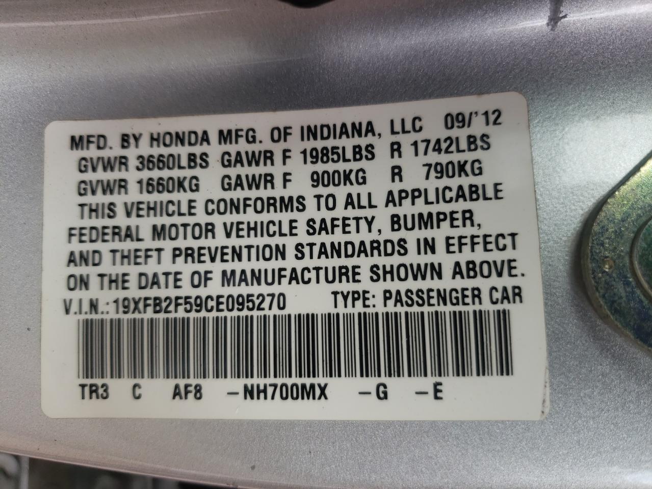 Photo 10 from auction – 2012 HONDA CIVIC LX with VIN 19XFB2F59CE095270