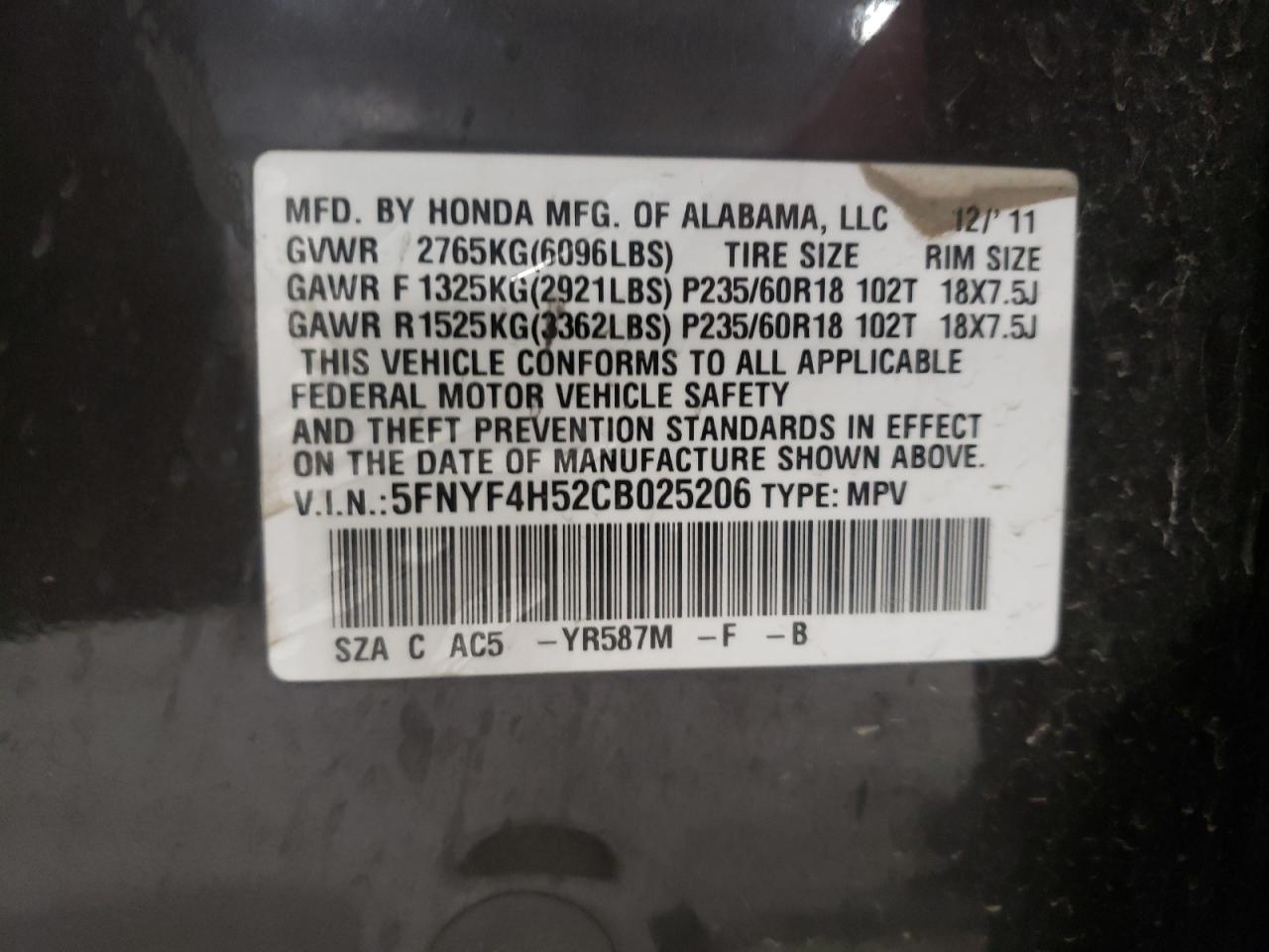 Photo 10 from auction – 2012 HONDA PILOT EXL with VIN 5FNYF4H52CB025206