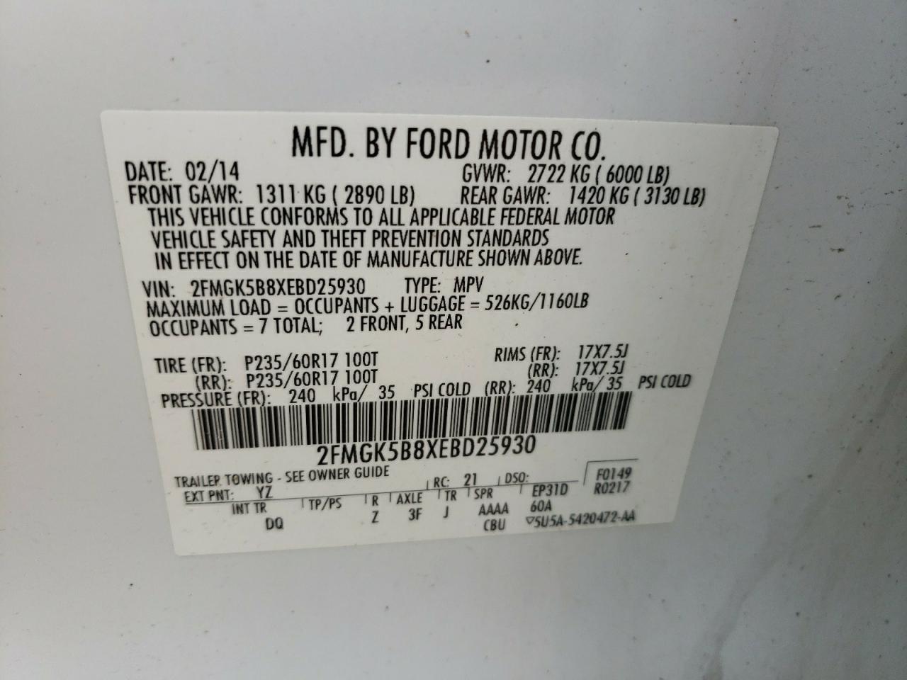 Photo 10 from auction – 2014 FORD FLEX SE with VIN 2FMGK5B8XEBD25930