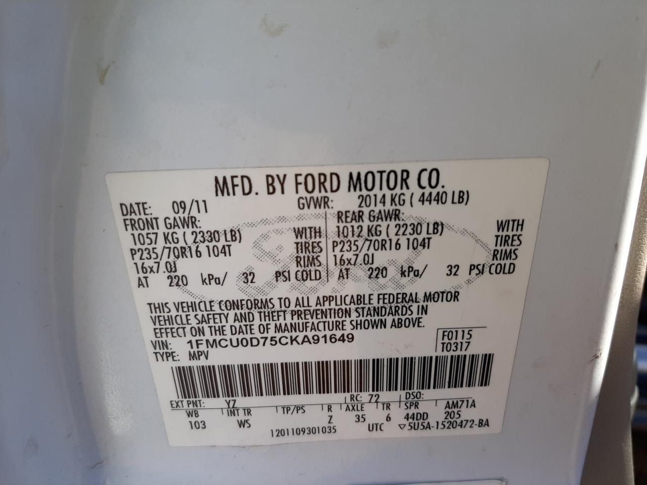 Photo 10 from auction – 2012 FORD ESCAPE XLT with VIN 1FMCU0D75CKA91649