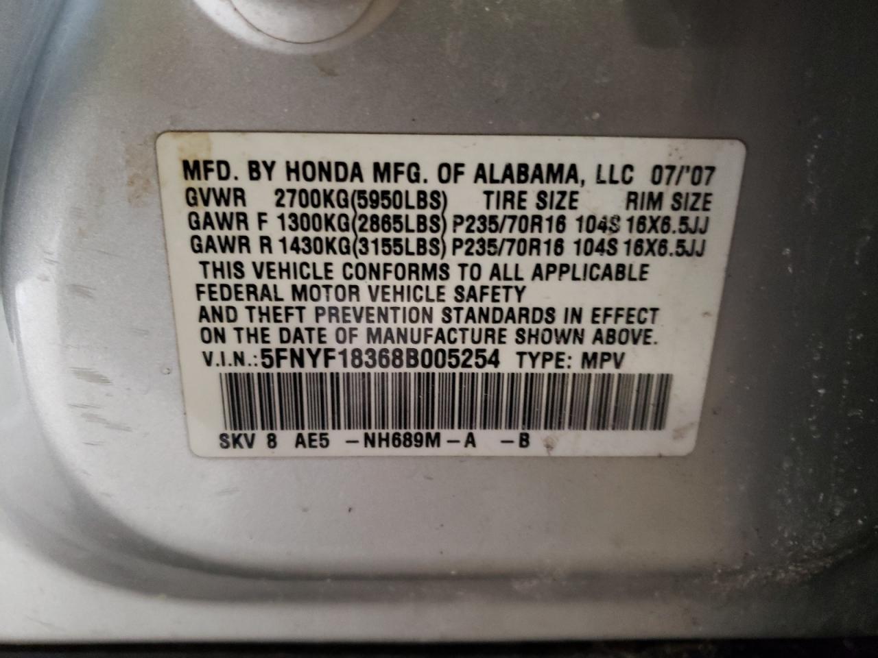 Photo 10 from auction – 2008 HONDA PILOT SE with VIN 5FNYF18368B005254