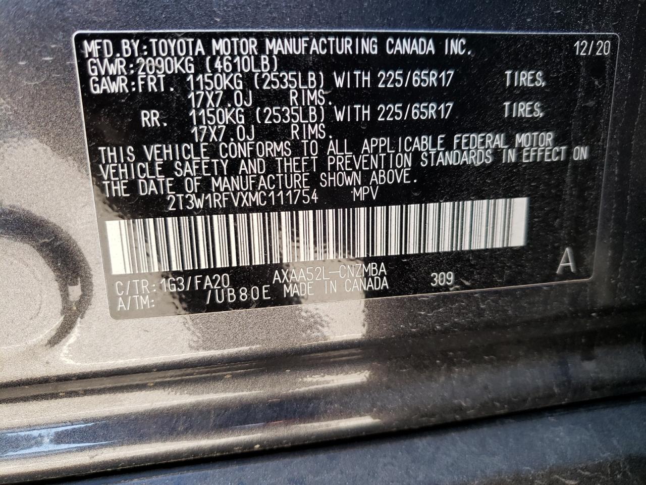 Photo 10 from auction – 2021 TOYOTA RAV4 XLE with VIN 2T3W1RFVXMC111754