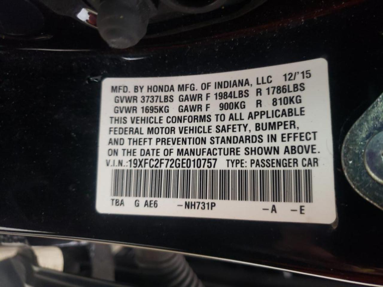 Photo 10 from auction – 2016 HONDA CIVIC EX with VIN 19XFC2F72GE010757
