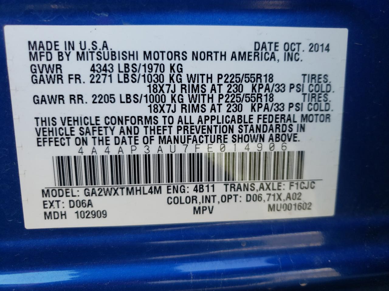 Photo 10 from auction – 2015 MITSUBISHI OUTLANDER with VIN 4A4AP3AU7FE014906