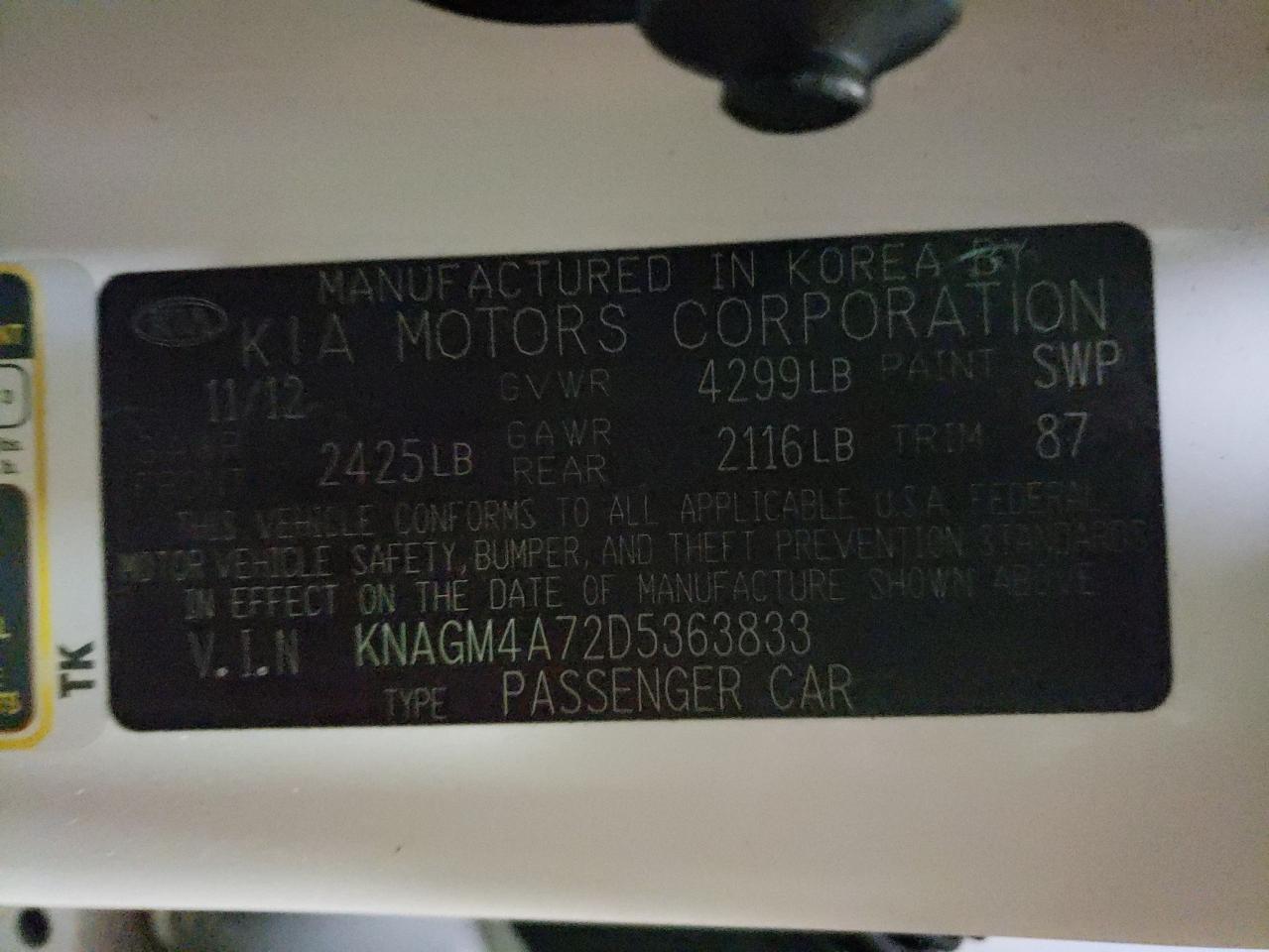 Photo 10 from auction – 2013 KIA OPTIMA LX with VIN KNAGM4A72D5363833